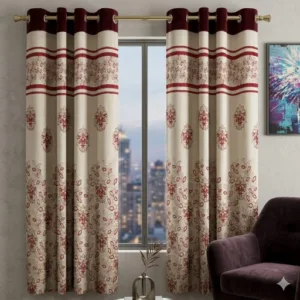 Floral Poly Cotton Blackout Door Curtains Set of 2 (Brown, 7 Feet)