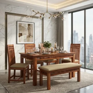 Adolph Compact 4 Seater Dining Set with Bench – Honey Finish Wooden Dining Table
