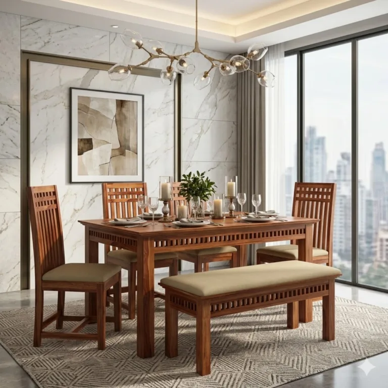 Adolph Compact 4 Seater Dining Set with Bench – Honey Finish Wooden Dining Table