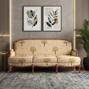 Margret 3 Seater Cotton Sofa – Vintage Wooden Frame Sofa