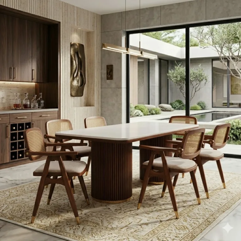 Antara 6 Seater Teak Wood Dining Table Set with Marble Top & Adira Chairs – Teak Finish