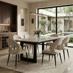 Mishaan-Koby 6 Seater Sheesham Wood Dining Table Set with Quartz Top – Teak Finish