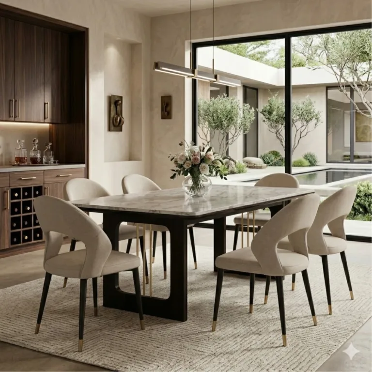 Mishaan-Koby 6 Seater Sheesham Wood Dining Table Set with Quartz Top – Teak Finish