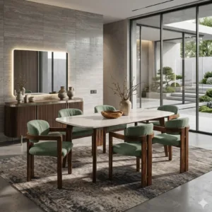 Viraaj 6 Seater Dining Set with Valence Marble-Top Table & Kaaya Upholstered Chairs – Sage Green