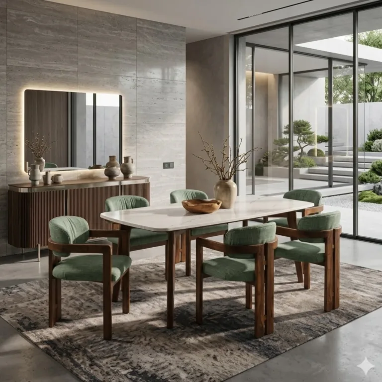 Viraaj 6 Seater Dining Set with Valence Marble-Top Table & Kaaya Upholstered Chairs – Sage Green