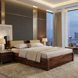 Walken Sheesham Wood Bed with Full Drawer Storage – Queen Size Honey Finish