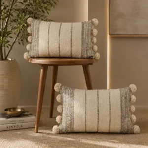 Ivory Jute Cotton Pom Pom Cushion Cover Set – Decorative Lumbar Cushions (12x20 Inch, Set of 2)