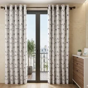 Abstract Birds Print Eyelet Door Curtain (Purple & White, 7 Feet, Cotton)
