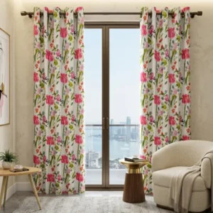 Abstract Floral Print Eyelet Door Curtain (Pink, 7 Feet)