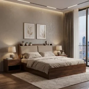 Calmora Engineered Wood Bed with Upholstered Headboard & Box Storage – Queen Size (Columbian Walnut)
