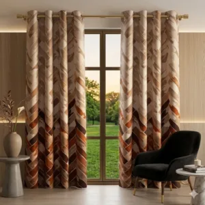 Geometrical Eyelet Polyester Door Curtains Set of 2 (Brown, 7 Feet)