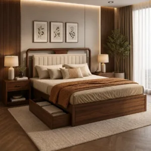 Anvay Sheesham Wood Bed with Upholstered Headboard & Drawer Storage – King Size (Teak Finish, Jade Ivory)
