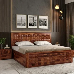 Morse Sheesham Wood Bed with Drawer Storage – King Size Honey Finish