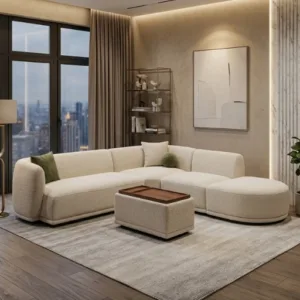 Vapor Premium L Shape Sectional Sofa with Built-in Wooden Side Deck – Cottage Ivory