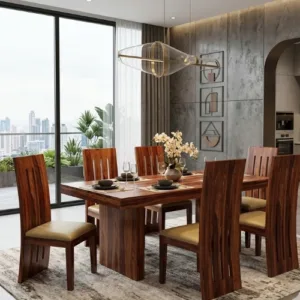 Wertex 6 Seater Dining Set with Nancy Chairs – Honey Finish Wooden Dining Table Set