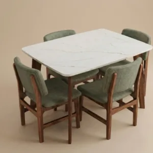 Vivara 4 Seater Dining Set with Marble Top Table & Upholstered Chairs – Sage Green