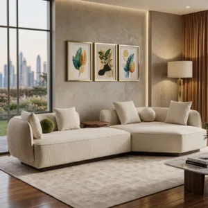 Float Premium Fabric Sectional Sofa with Movable Solid Wood Tray Table – Jade Ivory L Shape Sofa