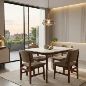 Vivara 4 Seater Dining Set with Marble Top Table & Upholstered Chairs – Sand Brown