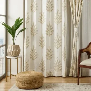 Jacquard Tree Sheer Curtain – Beige Window Curtain (7 Feet, 1 Piece)